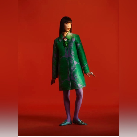 IRIS APFEL x H&M Feather Jacquard Weave Green and Purple Coat, Size S SOLD OUT - Picture 2 of 16